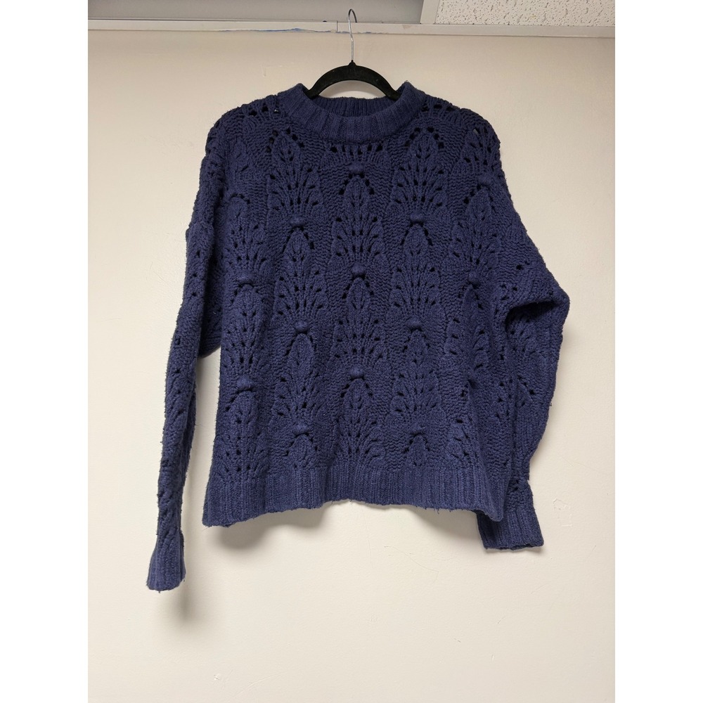 Aerie Blue Crochet Knit Sweater Crewneck Pullover Cozy‎ Casual Womens